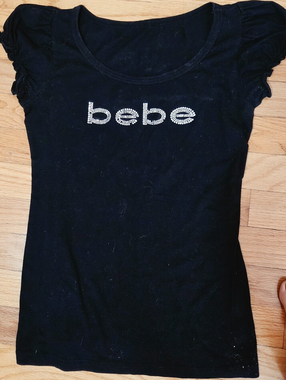 bebe Black Short Sleeve Tee with Rhinestone Logo